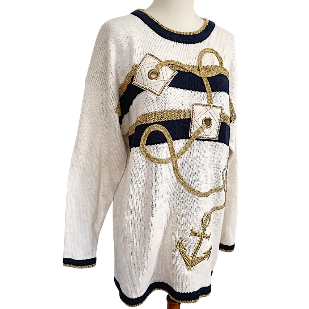 Vtg Cedars Nautical Sweater M Oversized Coastal‎ Ramie Preppy Yacht Club Chunky